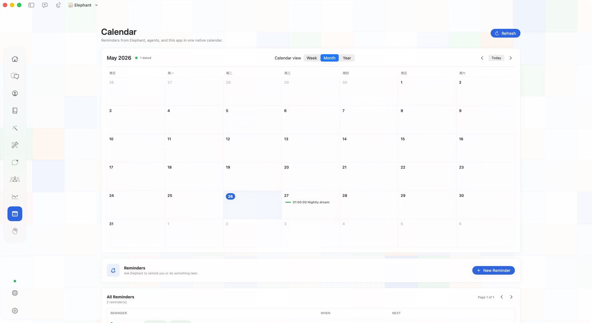 Elephant Agent Calendar screen
